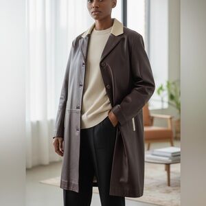 Stacy Adams Men’s Dark Brown Leather Car Coat With Ivory Trim Size Large Vintage